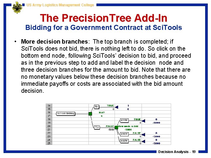 US Army Logistics Management College The Precision. Tree Add-In Bidding for a Government Contract