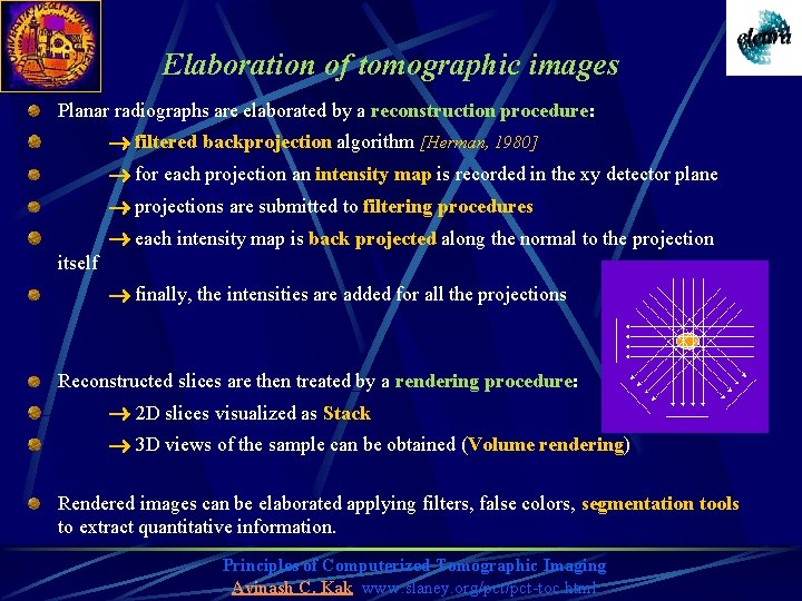 Elaboration of tomographic images Planar radiographs are elaborated by a reconstruction procedure: filtered backprojection