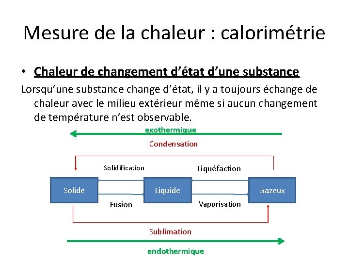 Mesure de la chaleur : calorimétrie • Chaleur de changement d’état d’une substance Lorsqu’une Mesure de la chaleur : calorimétrie • Chaleur de changement d’état d’une substance Lorsqu’une