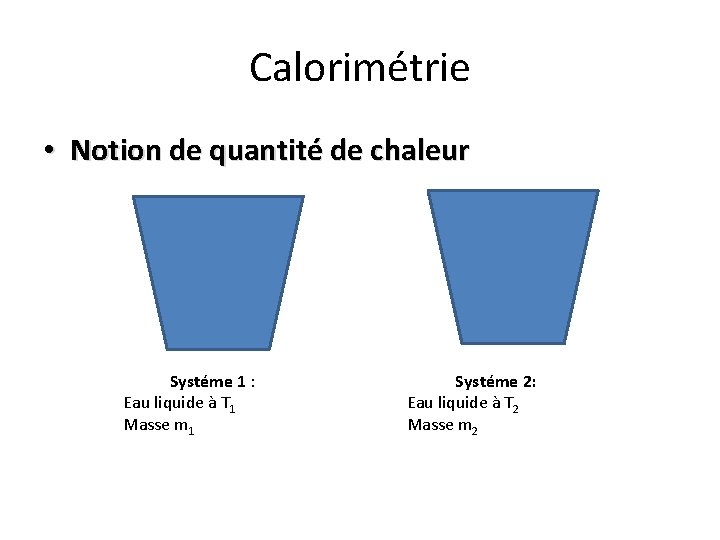 Calorimétrie • Notion de quantité de chaleur Systéme 1 : Eau liquide à T Calorimétrie • Notion de quantité de chaleur Systéme 1 : Eau liquide à T