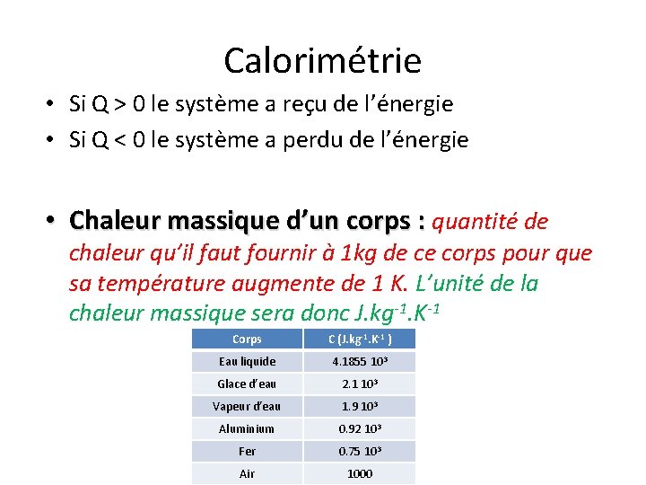 Calorimétrie • Si Q > 0 le système a reçu de l’énergie • Si Calorimétrie • Si Q > 0 le système a reçu de l’énergie • Si