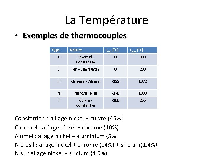 La Température • Exemples de thermocouples Type Nature t (°C) min tmax (°C) E La Température • Exemples de thermocouples Type Nature t (°C) min tmax (°C) E