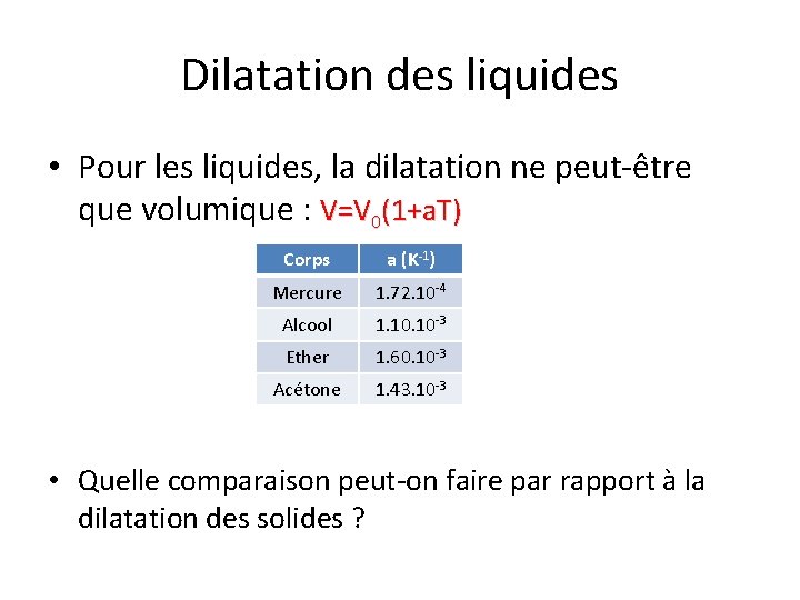 Dilatation des liquides • Pour les liquides, la dilatation ne peut-être que volumique : Dilatation des liquides • Pour les liquides, la dilatation ne peut-être que volumique :