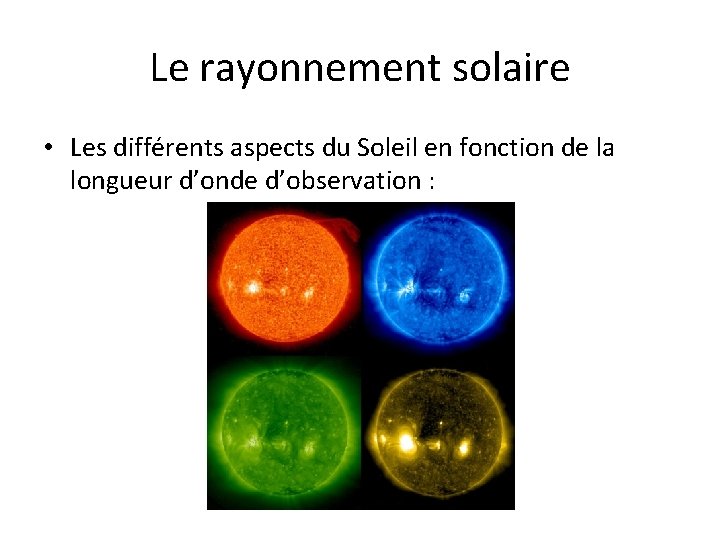 Le rayonnement solaire • Les différents aspects du Soleil en fonction de la longueur Le rayonnement solaire • Les différents aspects du Soleil en fonction de la longueur