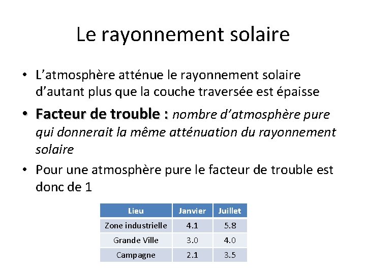 Le rayonnement solaire • L’atmosphère atténue le rayonnement solaire d’autant plus que la couche Le rayonnement solaire • L’atmosphère atténue le rayonnement solaire d’autant plus que la couche