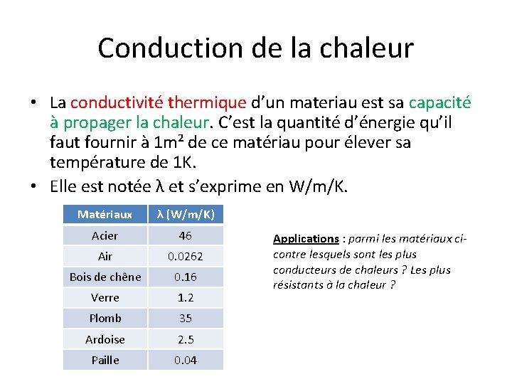 Conduction de la chaleur • La conductivité thermique d’un materiau est sa capacité à Conduction de la chaleur • La conductivité thermique d’un materiau est sa capacité à