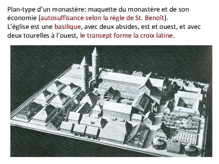 Plan-type d’un monastère: maquette du monastère et de son économie (autosuffisance selon la règle