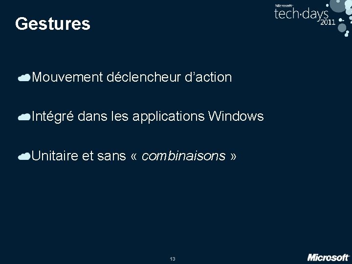 Gestures Mouvement déclencheur d’action Intégré dans les applications Windows Unitaire et sans « combinaisons
