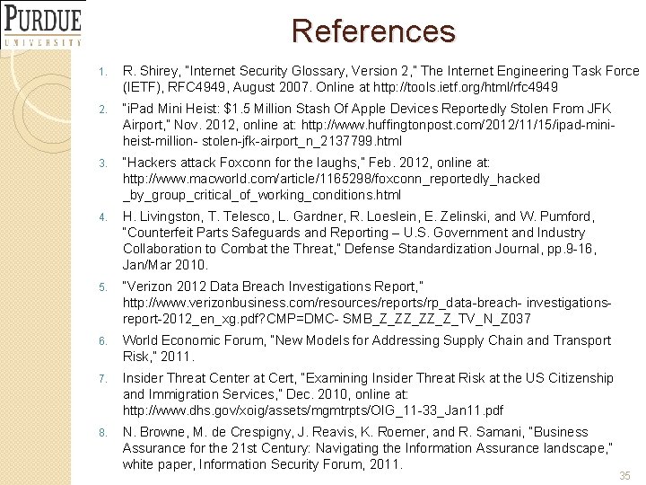 References 1. R. Shirey, “Internet Security Glossary, Version 2, ” The Internet Engineering Task