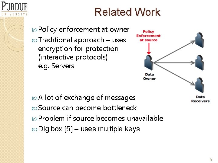 Related Work Policy enforcement at owner Traditional approach – uses encryption for protection (interactive
