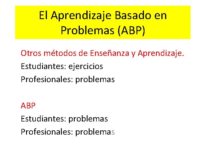 El Aprendizaje Basado en Problemas (ABP) Otros métodos de Enseñanza y Aprendizaje. Estudiantes: ejercicios