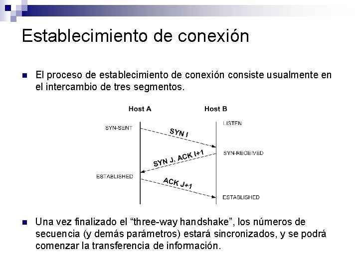 Establecimiento de conexión n El proceso de establecimiento de conexión consiste usualmente en el