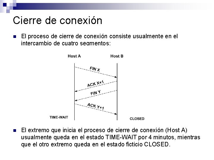 Cierre de conexión n El proceso de cierre de conexión consiste usualmente en el