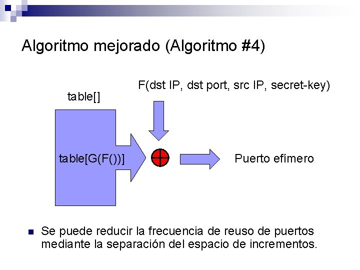 Algoritmo mejorado (Algoritmo #4) table[] table[G(F())] n F(dst IP, dst port, src IP, secret-key)