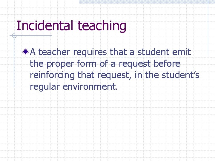 Incidental teaching A teacher requires that a student emit the proper form of a