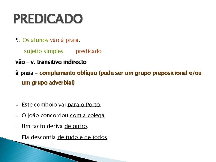 PREDICADO 5. Os alunos vão à praia. sujeito simples predicado vão – v. transitivo PREDICADO 5. Os alunos vão à praia. sujeito simples predicado vão – v. transitivo