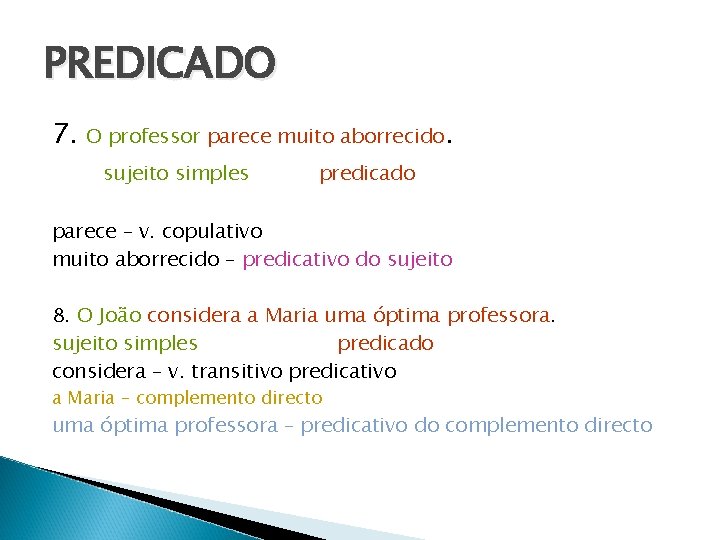 PREDICADO 7. O professor parece muito aborrecido. sujeito simples predicado parece – v. copulativo PREDICADO 7. O professor parece muito aborrecido. sujeito simples predicado parece – v. copulativo