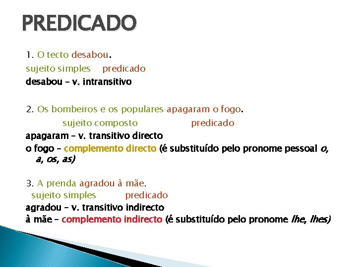 PREDICADO 1. O tecto desabou. sujeito simples predicado desabou – v. intransitivo 2. Os PREDICADO 1. O tecto desabou. sujeito simples predicado desabou – v. intransitivo 2. Os