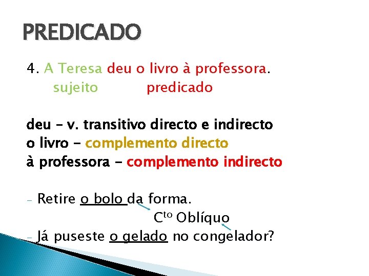 PREDICADO 4. A Teresa deu o livro à professora. sujeito predicado deu – v. PREDICADO 4. A Teresa deu o livro à professora. sujeito predicado deu – v.