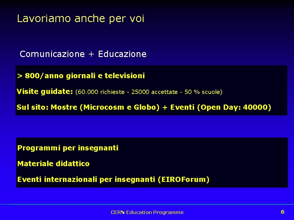 Lavoriamo anche per voi Comunicazione + Educazione > 800/anno giornali e televisioni Visite guidate: