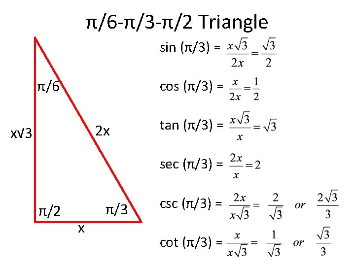 π/6 -π/3 -π/2 Triangle sin (π/3) = π/6 cos (π/3) = 2 x x√