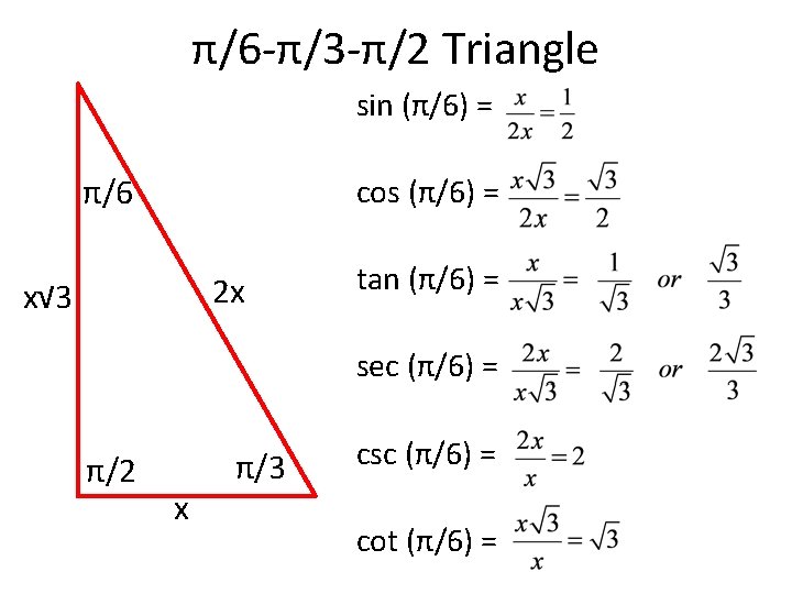 π/6 -π/3 -π/2 Triangle sin (π/6) = π/6 cos (π/6) = 2 x x√