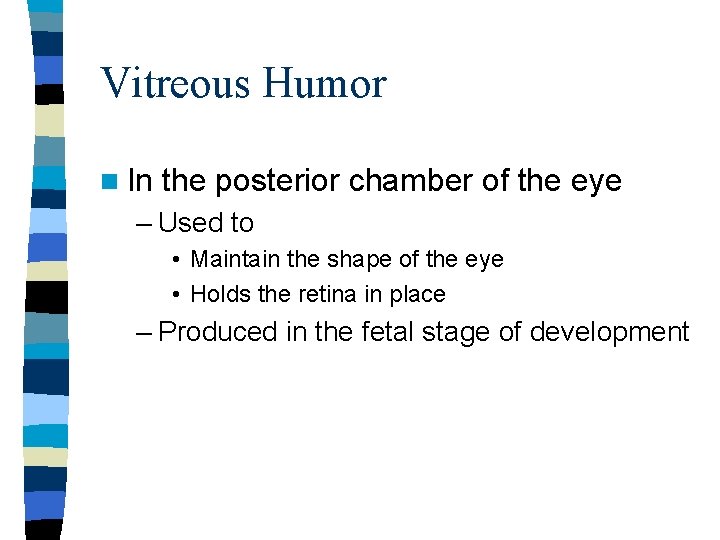 Vitreous Humor n In the posterior chamber of the eye – Used to • Vitreous Humor n In the posterior chamber of the eye – Used to •
