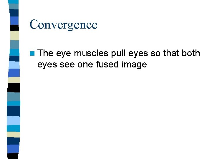 Convergence n The eye muscles pull eyes so that both eyes see one fused Convergence n The eye muscles pull eyes so that both eyes see one fused