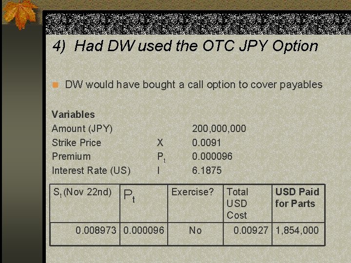 4) Had DW used the OTC JPY Option n DW would have bought a