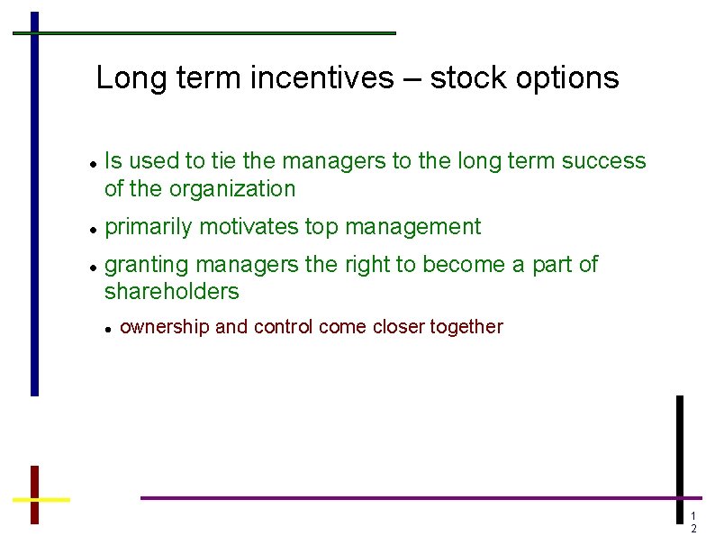 Long term incentives – stock options Is used to tie the managers to the Long term incentives – stock options Is used to tie the managers to the