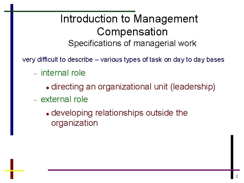 Introduction to Management Compensation Specifications of managerial work very difficult to describe – various