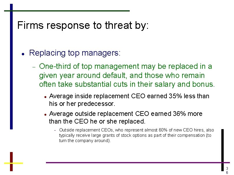 Firms response to threat by: Replacing top managers: One-third of top management may be