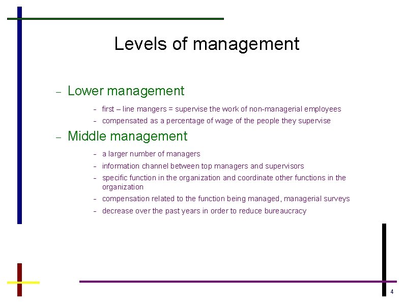 Levels of management Lower management first – line mangers = supervise the work of Levels of management Lower management first – line mangers = supervise the work of