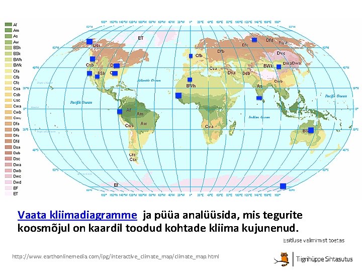 Vaata kliimadiagramme ja püüa analüüsida, mis tegurite koosmõjul on kaardil toodud kohtade kliima kujunenud.