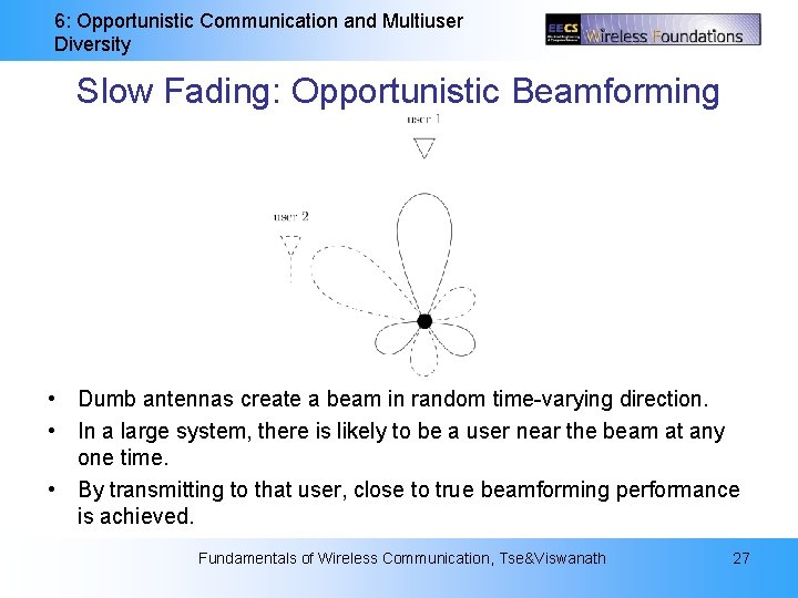 6: Opportunistic Communication and Multiuser Diversity Slow Fading: Opportunistic Beamforming • Dumb antennas create 6: Opportunistic Communication and Multiuser Diversity Slow Fading: Opportunistic Beamforming • Dumb antennas create