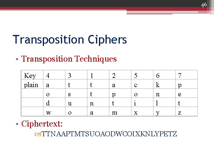 46 Transposition Ciphers • Transposition Techniques Key plain 4 a o d w 3