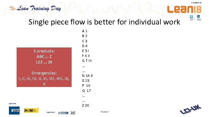 Single piece flow is better for individual work 3 products: ABC … Z 123