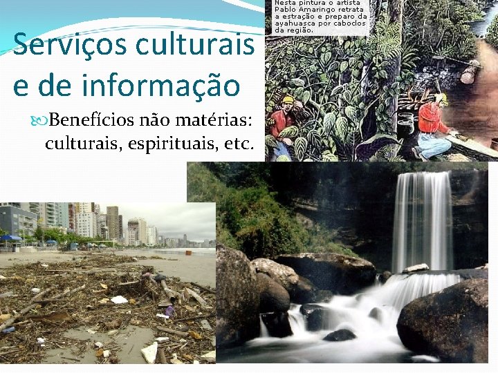 Serviços culturais e de informação Benefícios não matérias: culturais, espirituais, etc. Serviços culturais e de informação Benefícios não matérias: culturais, espirituais, etc.