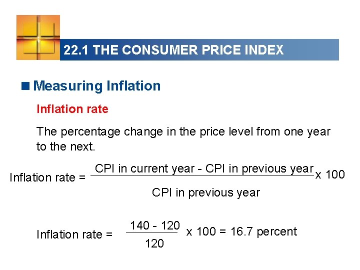22. 1 THE CONSUMER PRICE INDEX <Measuring Inflation rate The percentage change in the