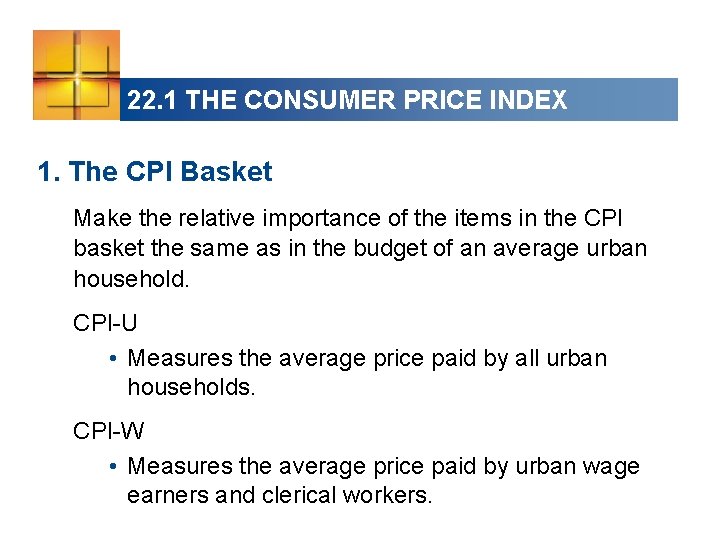 22. 1 THE CONSUMER PRICE INDEX 1. The CPI Basket Make the relative importance