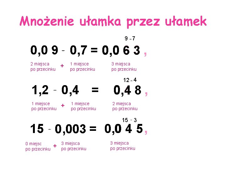 Mnożenie ułamka przez ułamek 9 7 0, 0 9 0, 7 = 0 063,