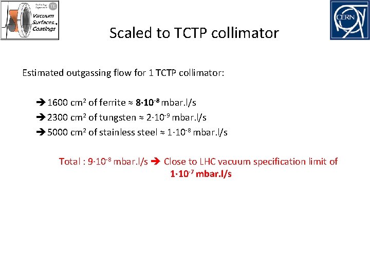 Scaled to TCTP collimator Estimated outgassing flow for 1 TCTP collimator: 1600 cm 2