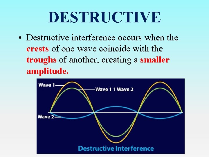 DESTRUCTIVE • Destructive interference occurs when the crests of one wave coincide with the