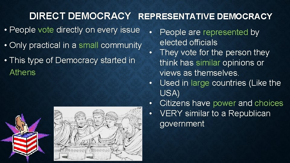 DIRECT DEMOCRACY REPRESENTATIVE DEMOCRACY • People vote directly on every issue • • Only