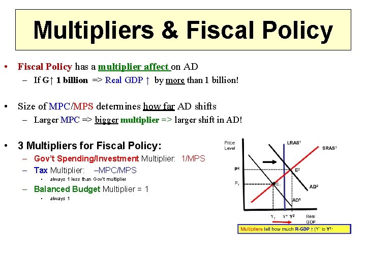 Multipliers & Fiscal Policy • Fiscal Policy has a multiplier affect on AD –