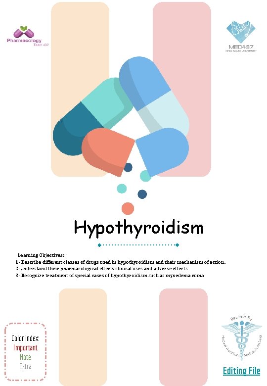 Hypothyroidism Learning Objectives: 1 - Describe different classes of drugs used in hypothyroidism and