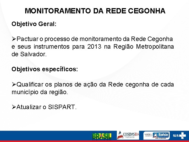 MONITORAMENTO DA REDE CEGONHA Objetivo Geral: ØPactuar o processo de monitoramento da Rede Cegonha