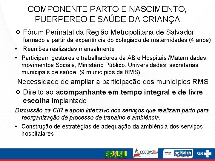 COMPONENTE PARTO E NASCIMENTO, PUERPEREO E SAÚDE DA CRIANÇA Fórum Perinatal da Região Metropolitana