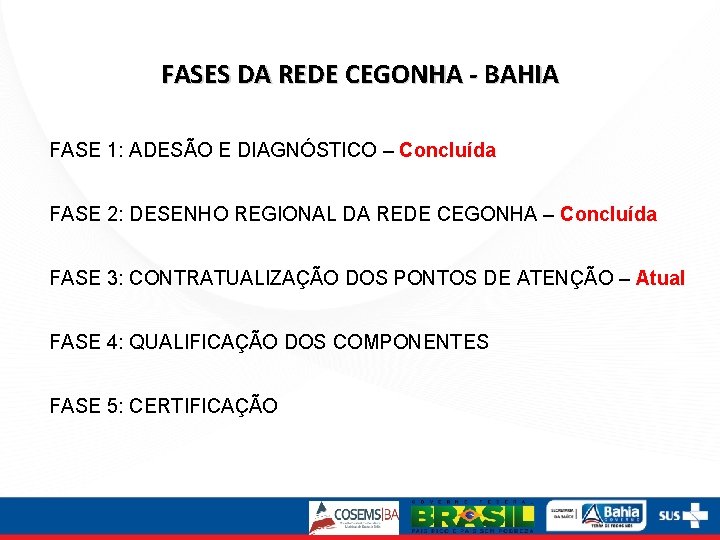  FASES DA REDE CEGONHA - BAHIA FASE 1: ADESÃO E DIAGNÓSTICO – Concluída