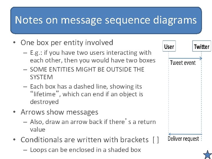 Notes on message sequence diagrams • One box per entity involved – E. g.